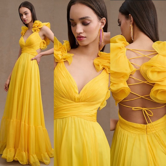 Mac Duggal Dresses & Skirts - NWT Mac Duggal 67911 Neon Yellow Ruffle Tiered Cut-Out Chiffon Gown Size 4